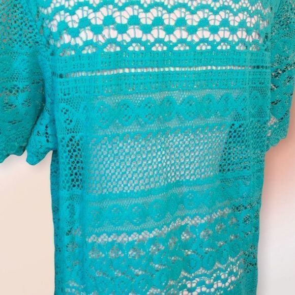 COLDWATER Creek Turquoise Lace Open Weave Swimsuit Cover Tunic L 14 - Picture 5 of 10